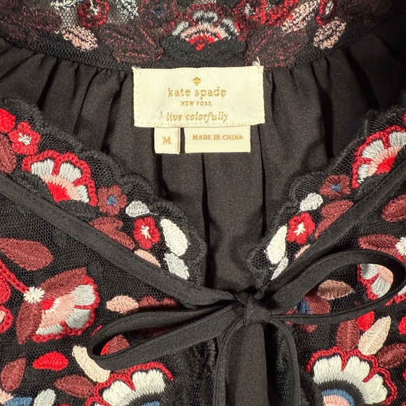 Kate Spade Blouse Womens Size Medium Black Camellia Embroidered Peplum Ruffle - Picture 3 of 13